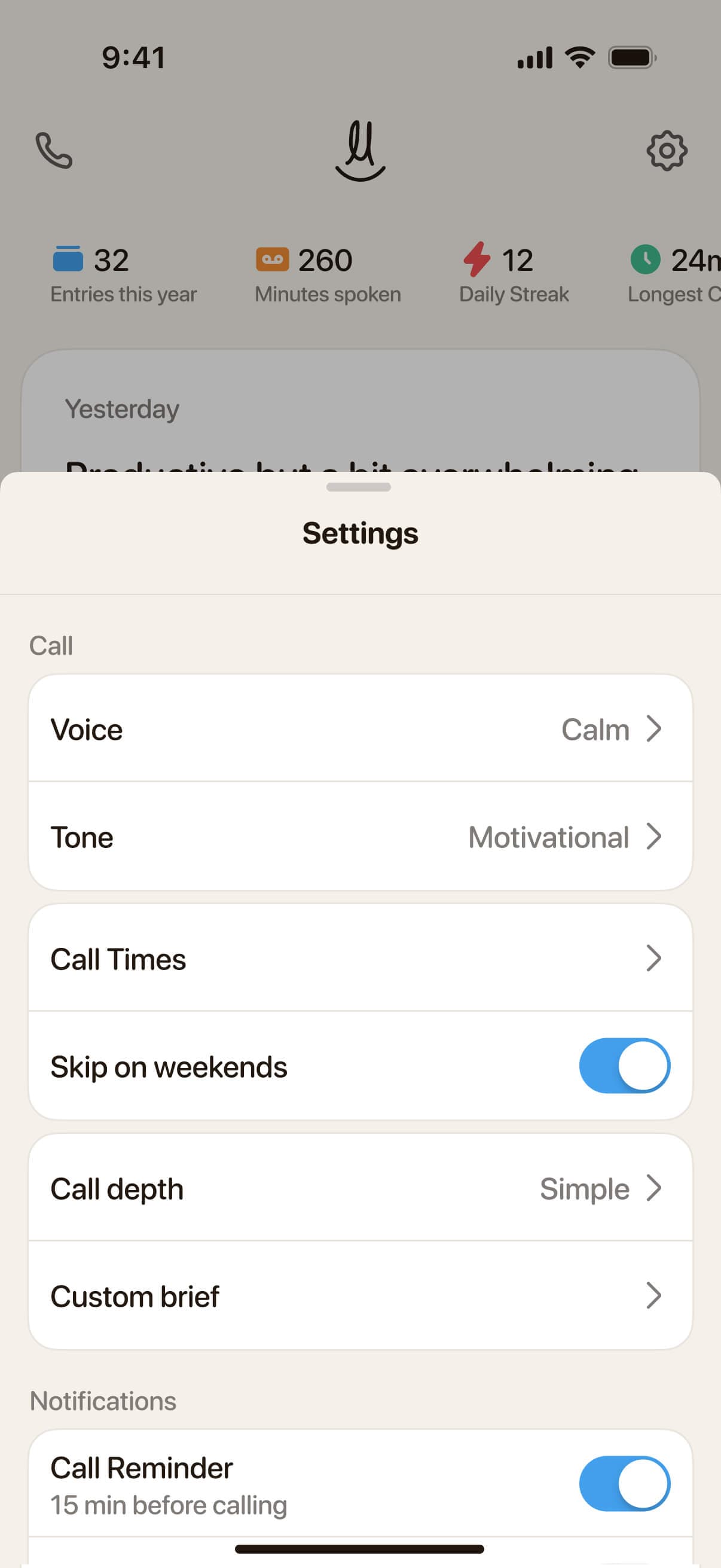 Voice journal settings